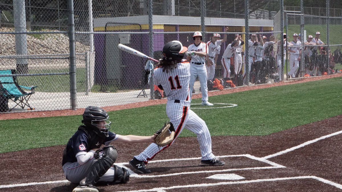 A dynamic scene of a baseball game with a batter swinging at the ball while the catcher is ready. Perfect sports shot.