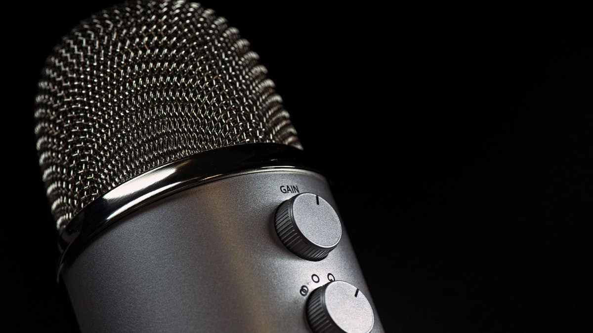Detailed close-up of a silver mesh microphone with gain control knobs against a dark background.