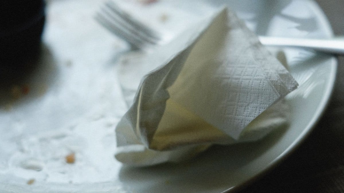 A close-up of an empty plate with a crumpled napkin and fork, creating a post-meal scene.