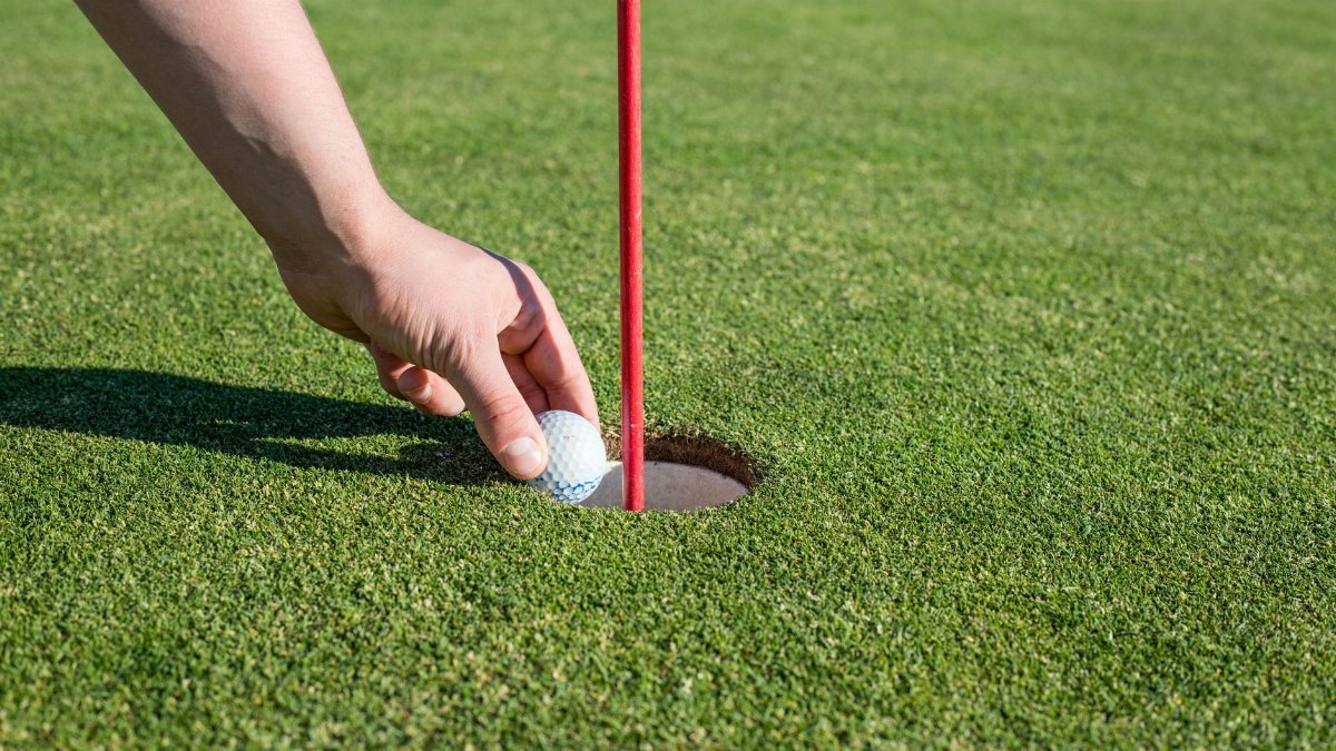 A hand retrieves a golf ball from the hole on a well-manicured green, signifying a successful putt.