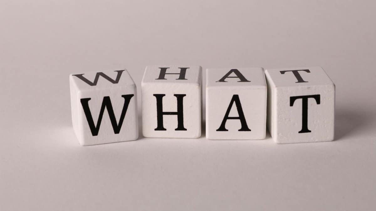 Close-up of wooden blocks with letters spelling 'What' on a white background, emphasizing curiosity and inquiry.