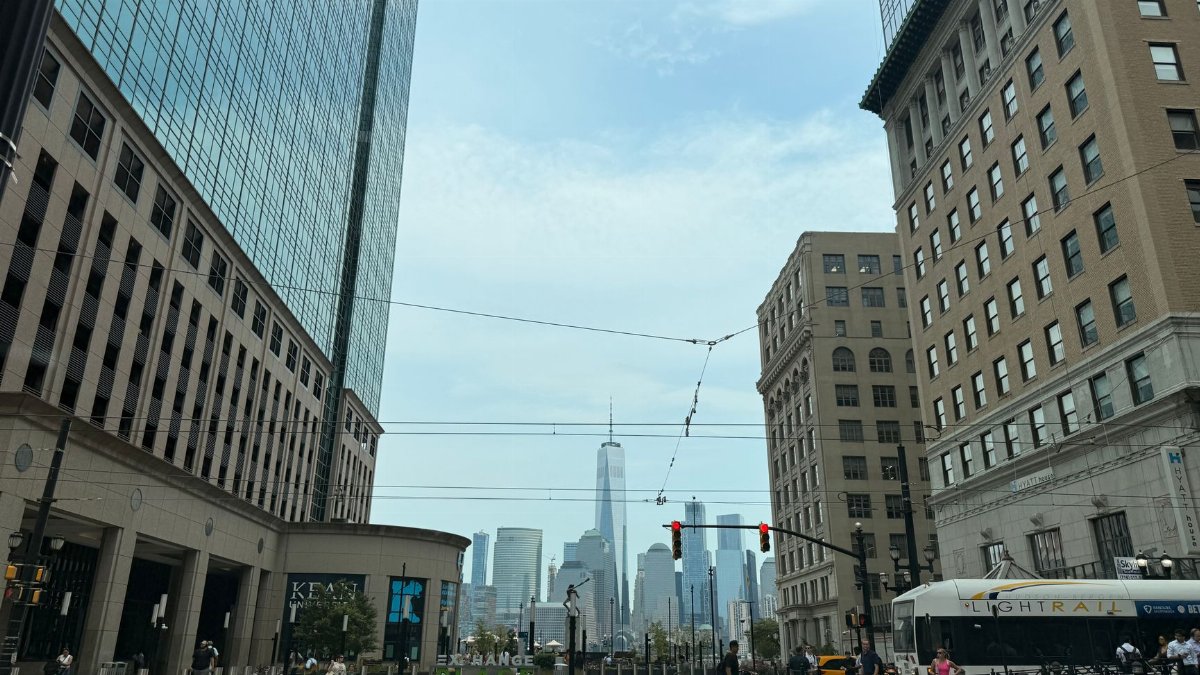 Skyline of Manhattan viewed from Jersey City on a summer day showcasing urban architecture.