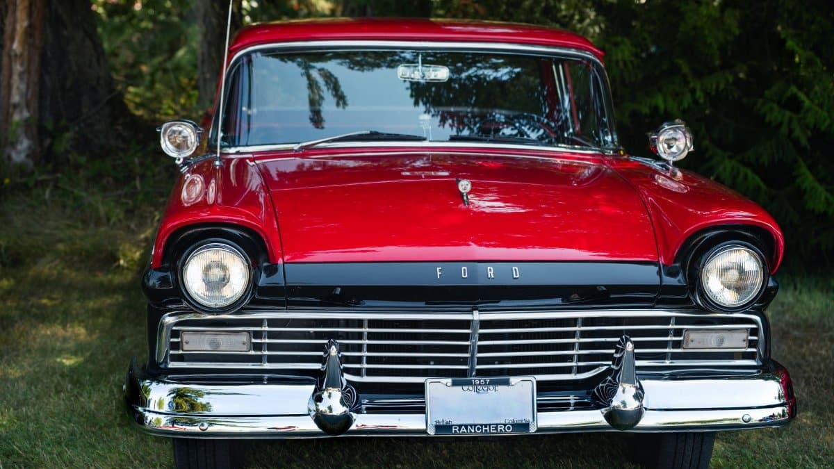 Front view of a restored 1957 Ford Ranchero with chrome details in Victoria, BC.