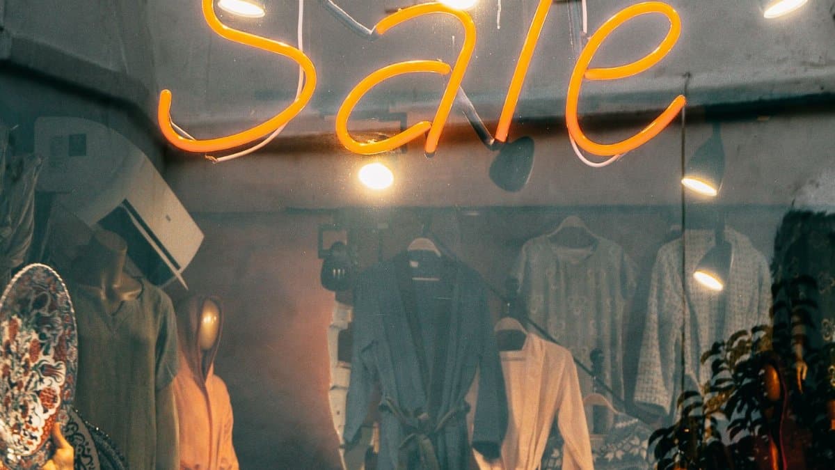 Eye-catching neon 'Sale' sign in a fashion boutique window in Istanbul, Turkey.