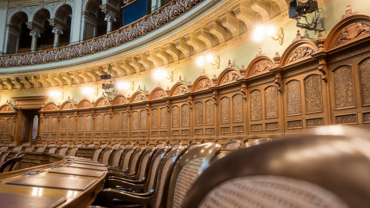 Interior view of the elegant Swiss Parliament council chamber in Bern, Switzerland.