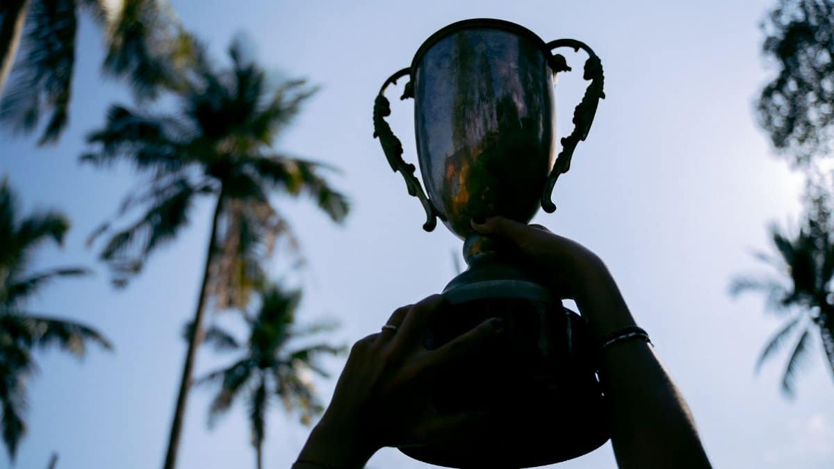Silhouetted hands raise a trophy against a tropical palm tree backdrop, symbolizing victory.