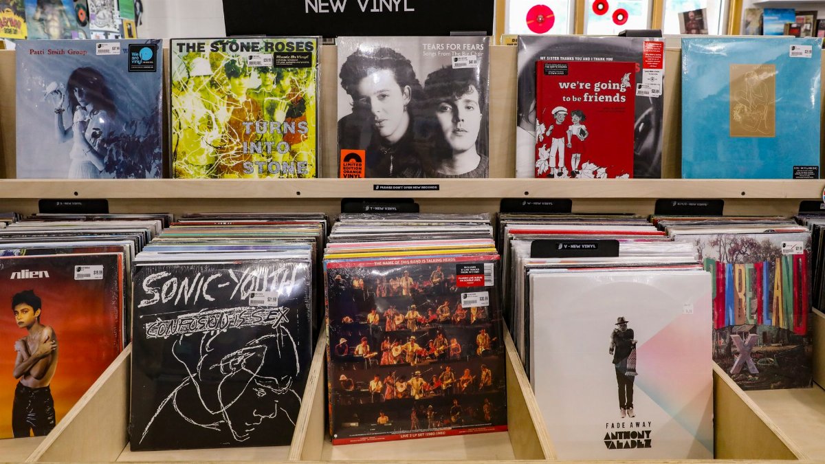 Explore a vibrant collection of new vinyl records in a Tulsa record store's wooden shelves.
