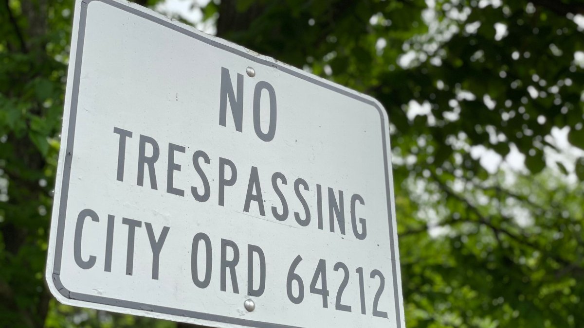 A no trespassing sign surrounded by lush green trees. Perfect for legal and security themes.