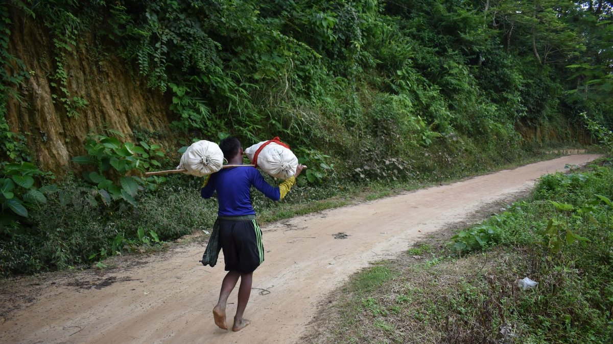 A boy walks barefoot along a lush path in Bangladesh, carrying large bundles.