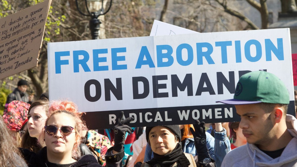 A diverse group of activists protesting with abortion rights signs in an outdoor rally.