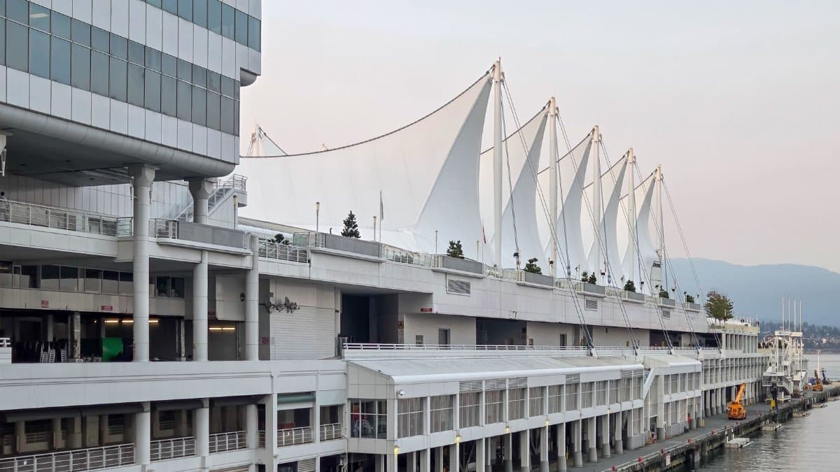 The iconic sails of Canada Place against the waterfront in Vancouver, BC.