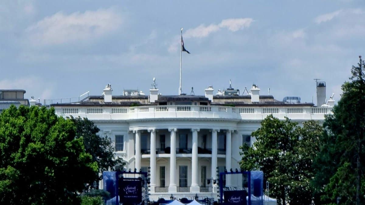 Front view of the White House in Washington, DC, showcasing its iconic architecture.