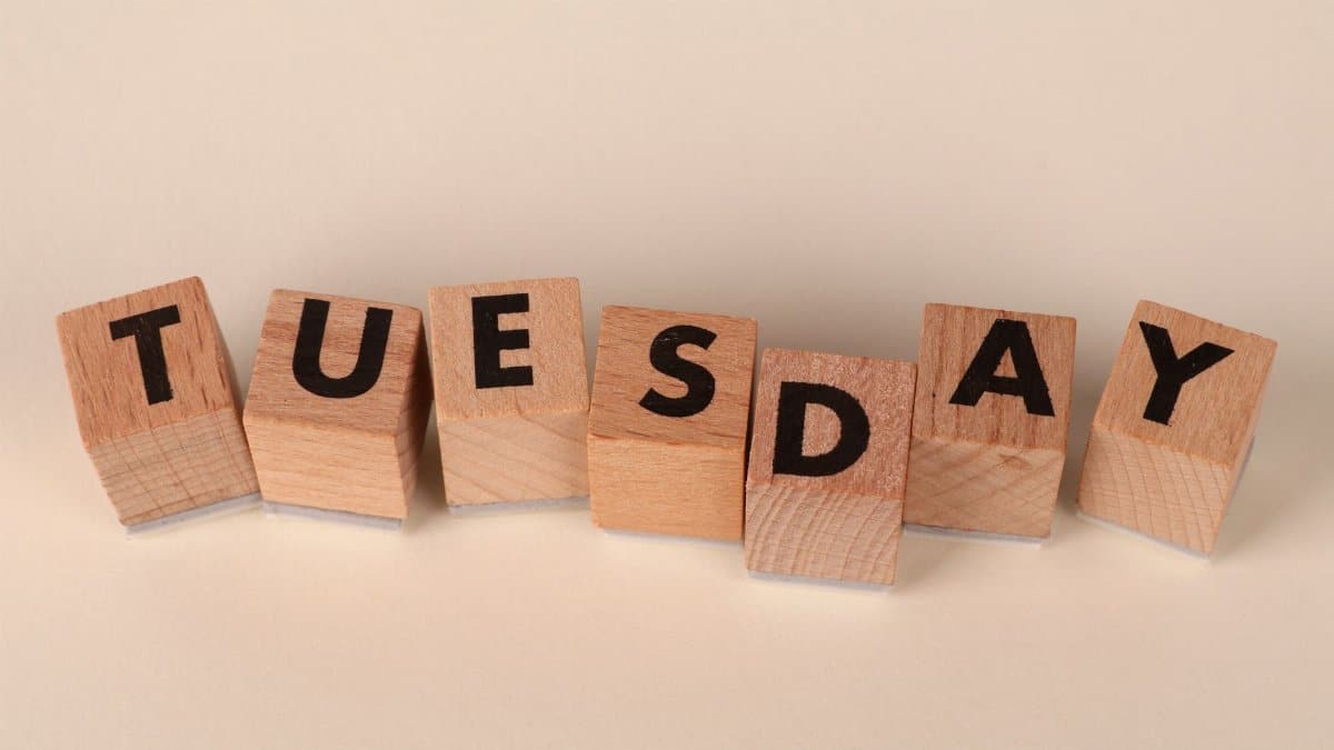 Wooden blocks spelling 'Tuesday' on a neutral background. Ideal for weekly themes.