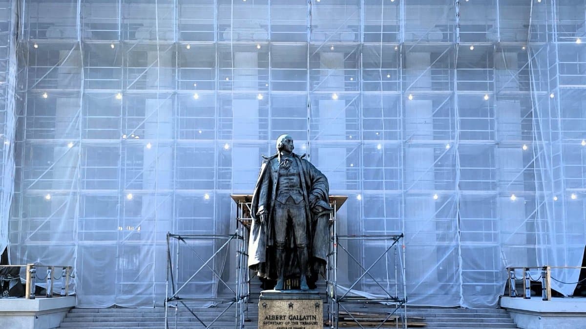 Statue of Albert Gallatin surrounded by scaffolding, located in Washington D.C.