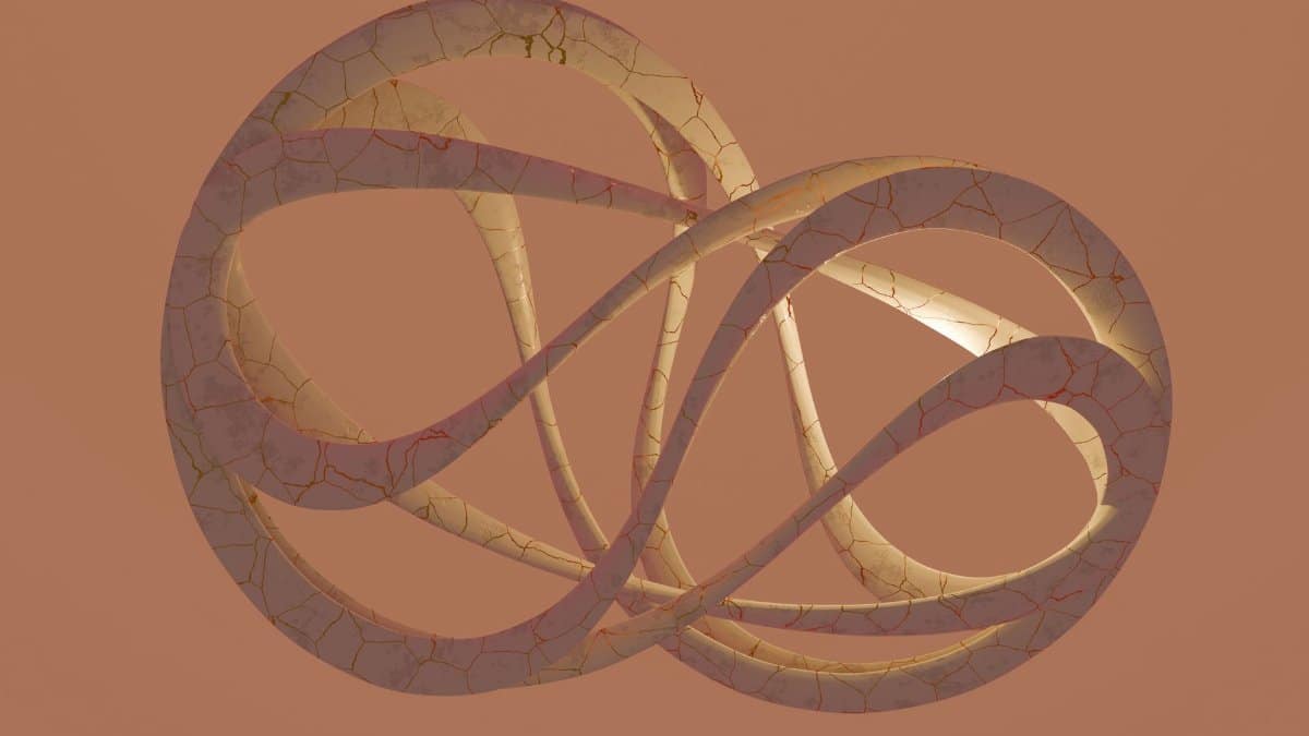 3D render of an abstract loop sculpture with a textured appearance, set on an earthy background.