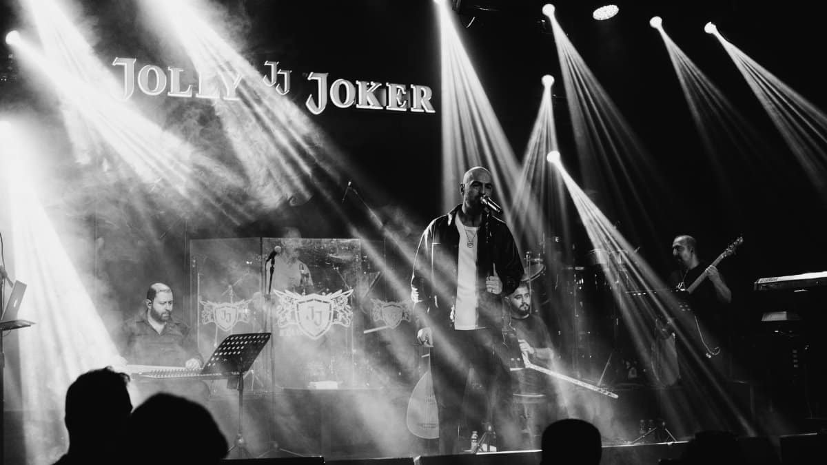 Live band performing at Jolly Joker in Istanbul, showcasing vibrant stage lights and energetic music.