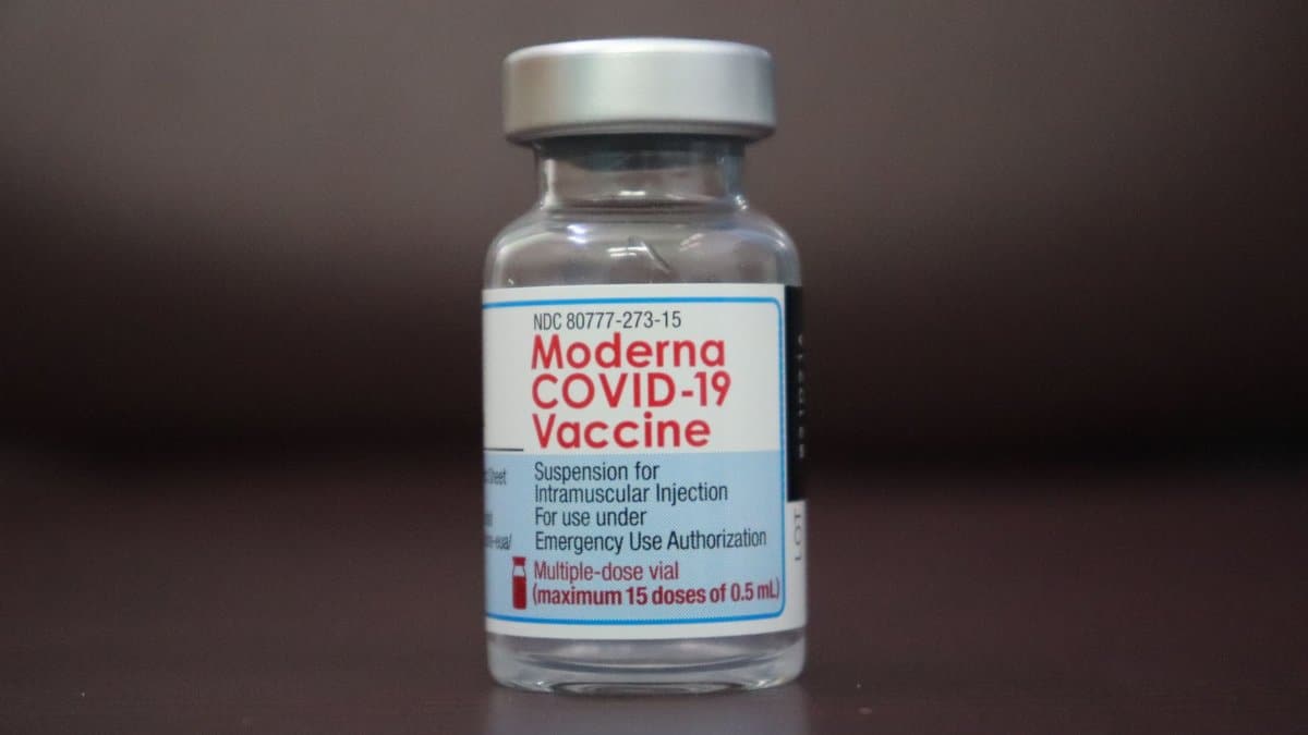Close-up of a Moderna COVID-19 vaccine vial for emergency use authorization.