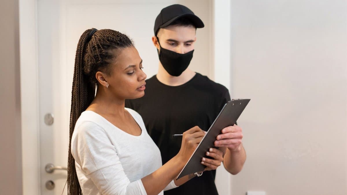 A woman signs a clipboard held by a delivery man wearing a face mask, illustrating a delivery service interaction.