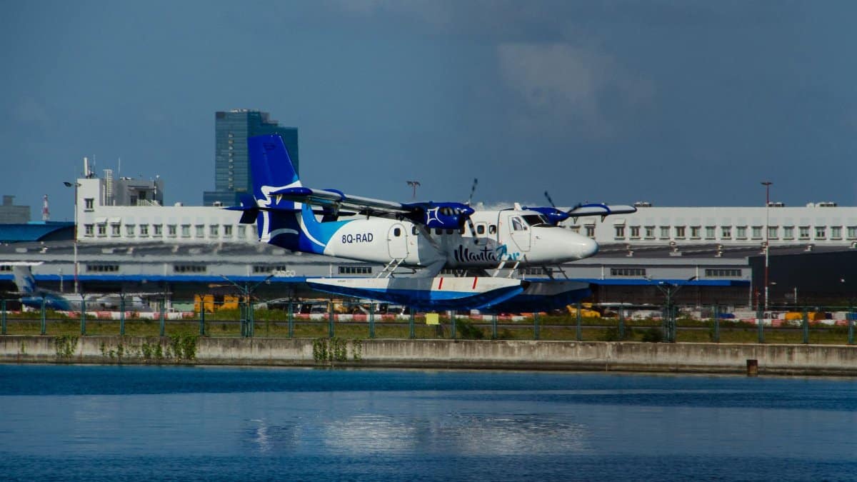 Seaplane at Maldives airport, ready for a scenic island-hopping adventure.