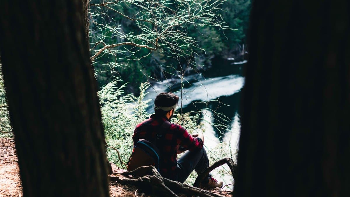 A man sits by a lake, surrounded by trees and nature in Algonquin Park, Canada.