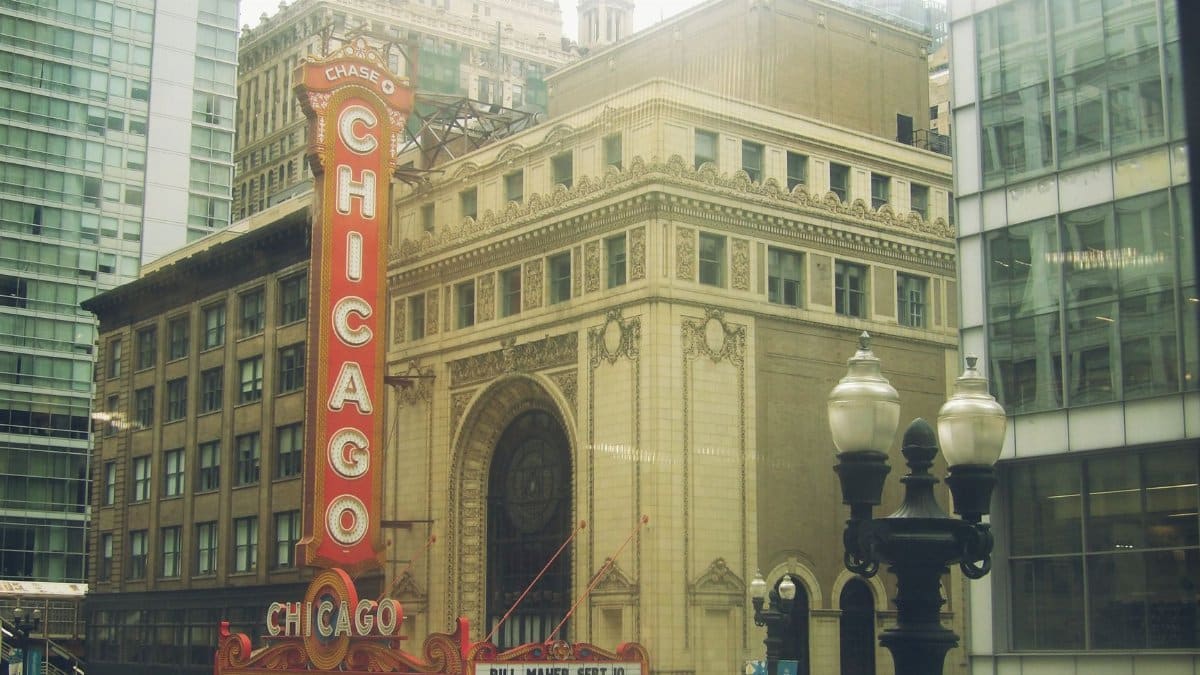 Chicago Theatre marquee in downtown, showcasing architectural beauty and urban life.
