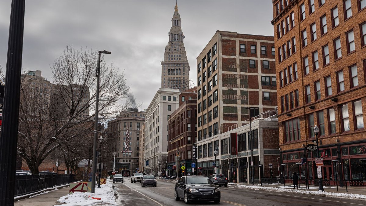 View of downtown Cleveland featuring Terminal Tower on a winter day.