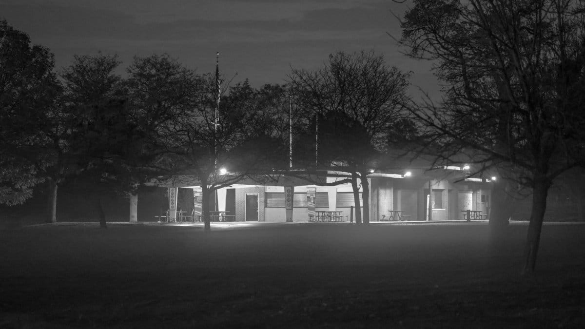 A misty evening at Cove Island Park with lights illuminating a shelter amidst trees.