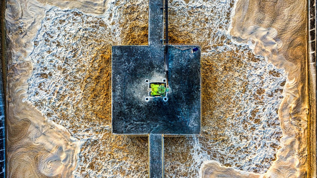 An aerial shot of a sewage treatment facility in Serang, Banten, Indonesia.
