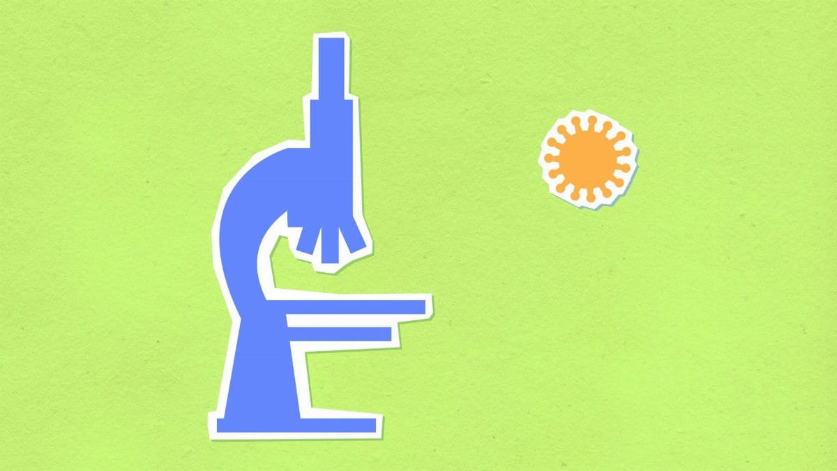 Creative design of cutout paper composition representing laboratory microscope and orange virus on bright background