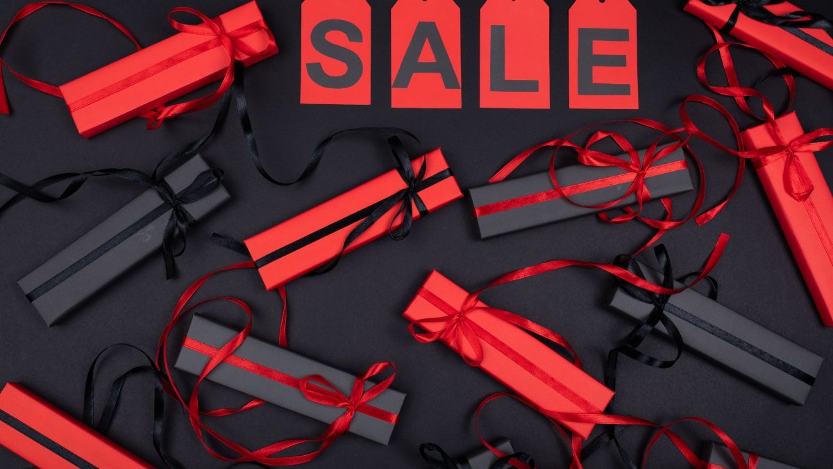 Bright gift boxes and sale tags, ideal for festive promotions.