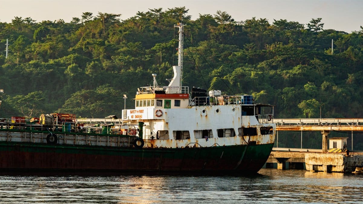 A weathered cargo ship docked at an industrial port, surrounded by lush green trees under clear skies.