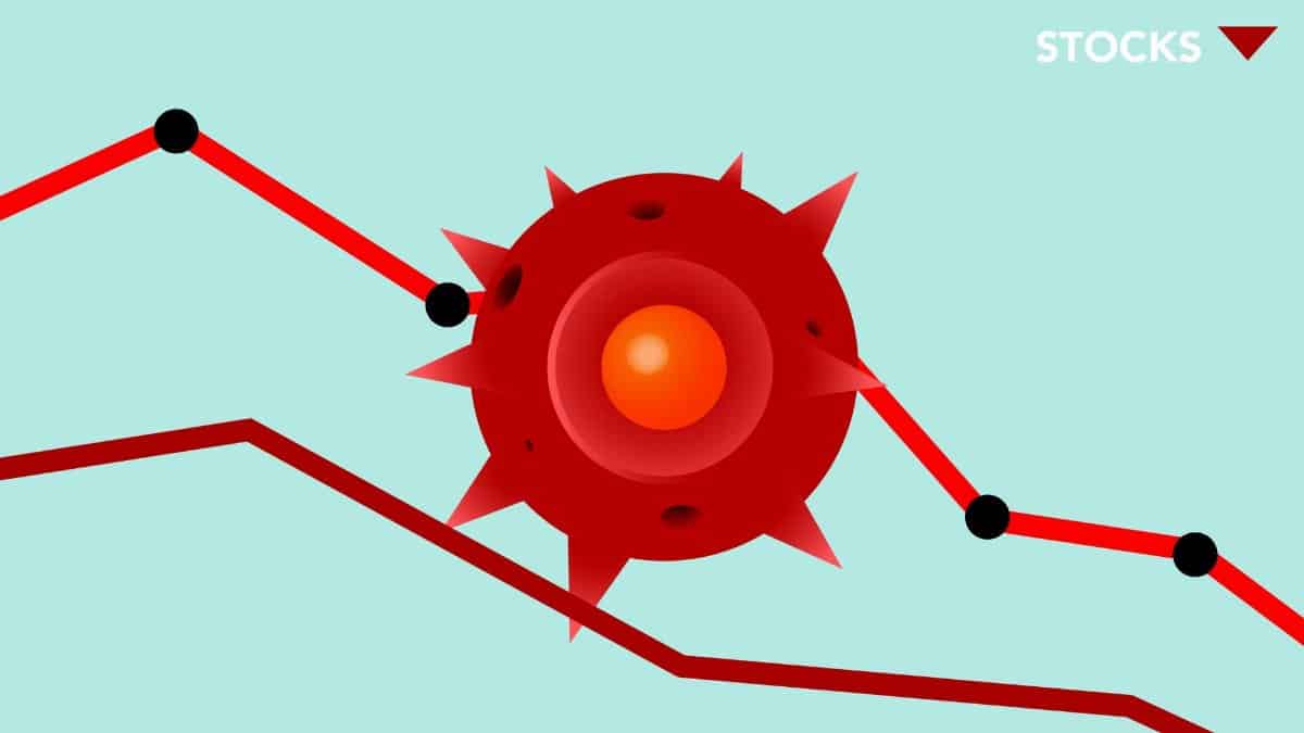 Vector image of red Covid virus against decreasing line graph on blue background